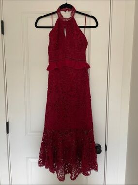 Red Lace Halter Midi Dress - Elegant Women's Cocktail Dress